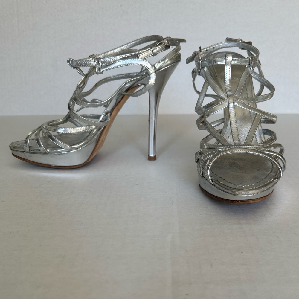 Christian Dior Strappy Metallic Platform Heel Sandals Silver Size 38